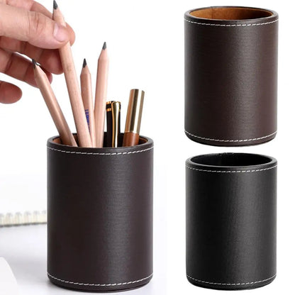 Large Capacity PU Leather Pen Holder – Round Desktop Organizer